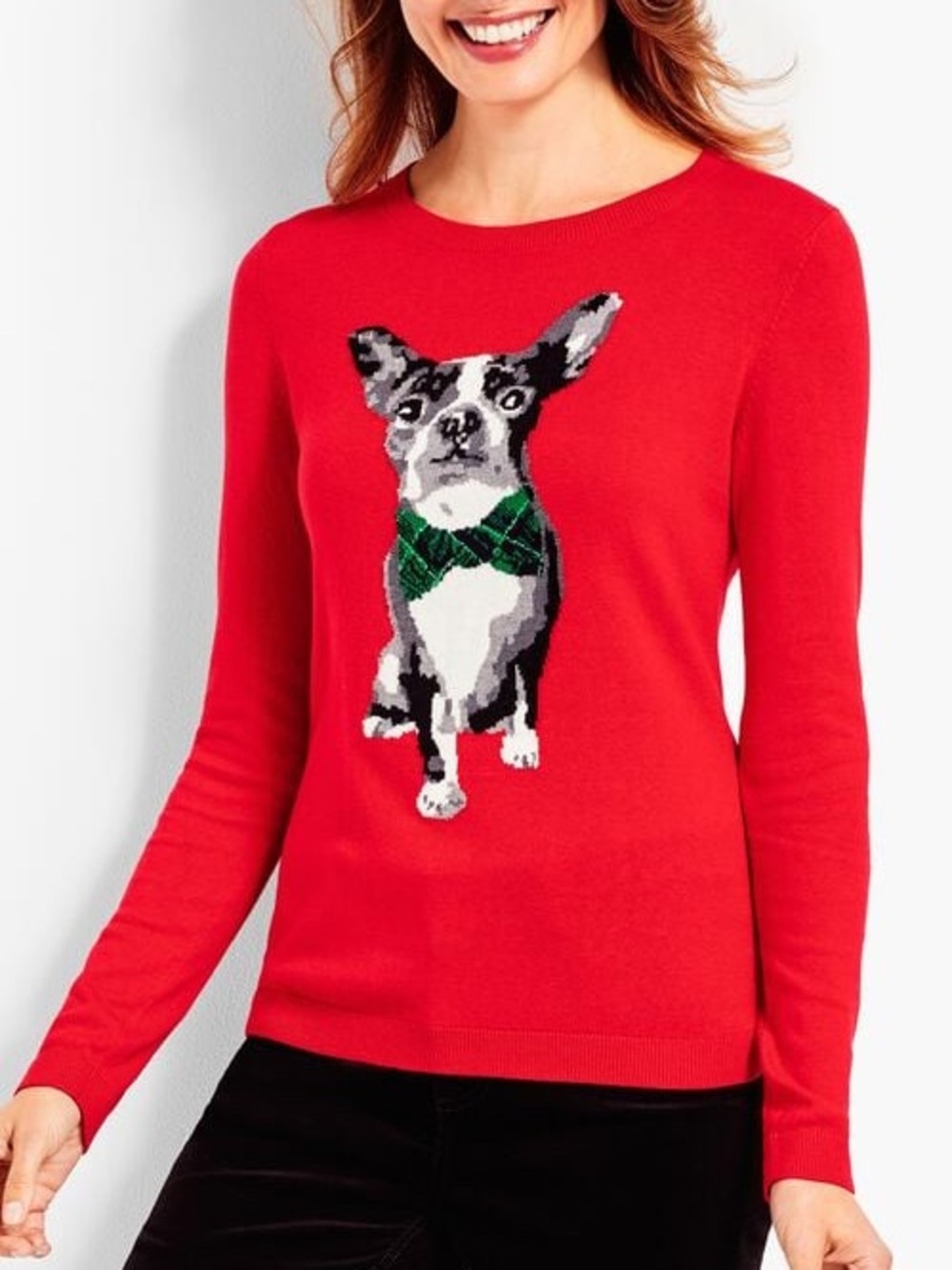 Talbots Red Tartan Boston Terrier Long Sleeve Pullover Sweater Size XL Petite